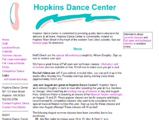 graphic of the first version of the Hopkins Dance Center homepage